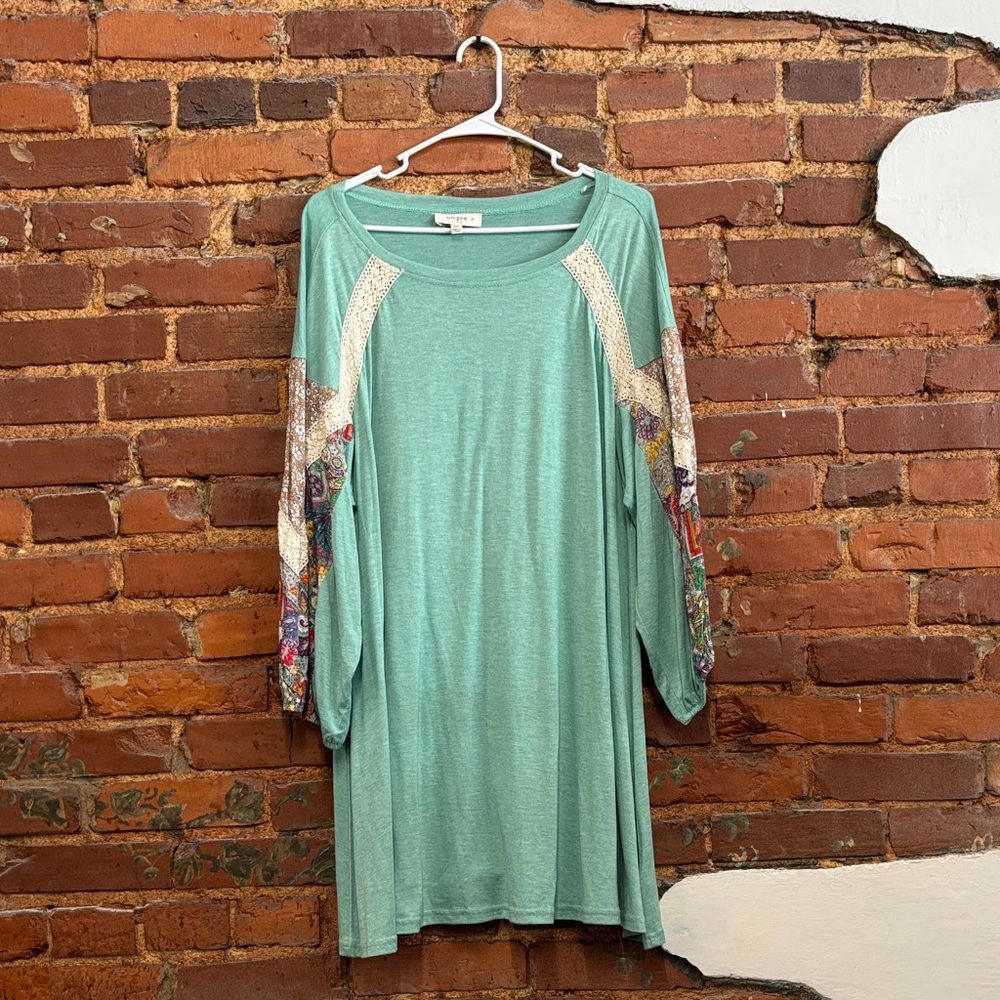 Umgee Boho Teal Dress with Colorful Sleeves & Crochet Trim‎ Size 1XL